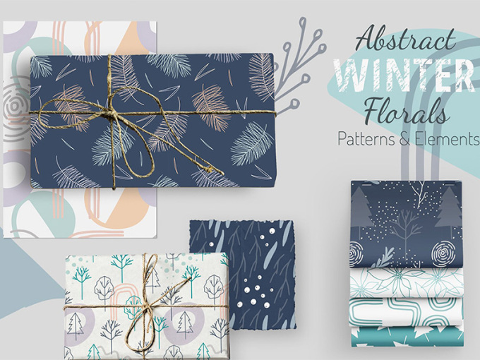 素雅蓝色调平铺素材：冬季植物和几何抽象元素